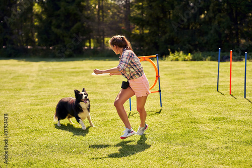 Border collie dog and a woman on an agility field photo