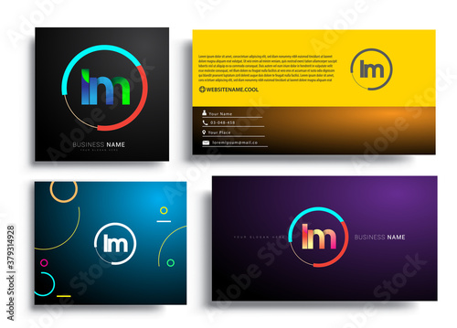 Letter LM logotype with colorful circle, letter combination logo design with ring, sets of business card for company identity, creative industry, web, isolated on white background.