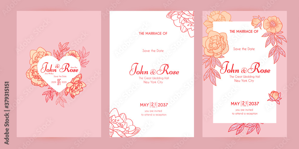 Wedding invitation card set with peony flowers and copper metal effect. Thank you, greeting, birthday, rsvp