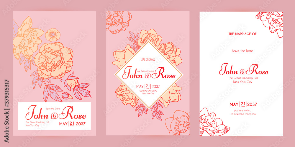 Wedding invitation card set with peony flowers and copper metal effect. Thank you, greeting, birthday, rsvp Wedding invitation card set with peony flowers and copper metal effect. Thank you, greeting, birthday, rsvp