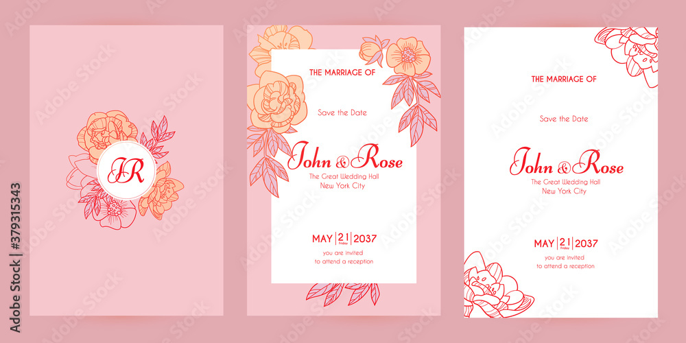 Wedding invitation card set with peony flowers and copper metal effect. Thank you, greeting, birthday, rsvp