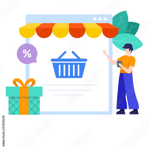 
Grocery basket on web page denoting ecommerce concept illustration
