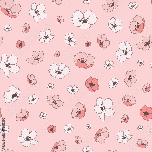 Vector pretty pink cherry blossom flowers seamless pattern background. Great use for fabric, wallpaper, giftwrap, home decor items, wellbeing etc.