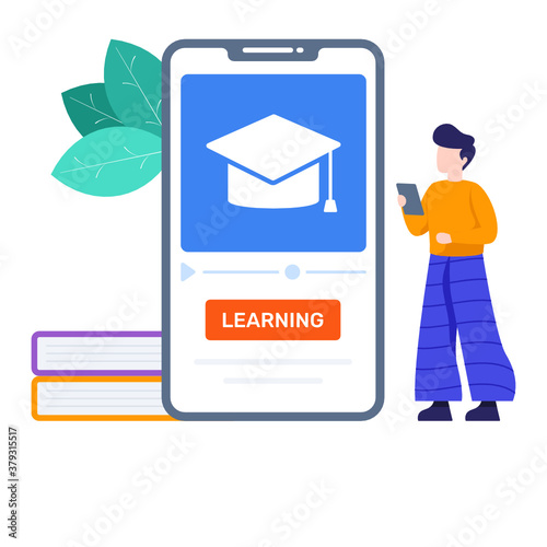 
A flat vector design of mobile learning app illustration
