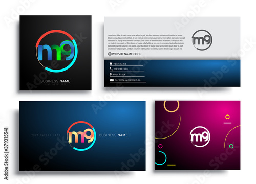 Letter MG logotype with colorful circle, letter combination logo design with ring, sets of business card for company identity, creative industry, web, isolated on white background.