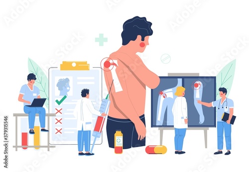 Shoulder arthritis. Patient suffering from joint pain, flat vector illustration. Tiny doctor characters holding syringe with injection, looking at xray pictures in clinic. Osteoarthritis joint disease © Siberian Art