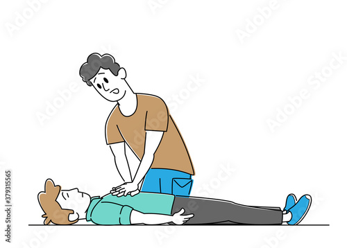 Male Character Making Heart Massage to Man Lying on Floor. CPR First Aid Help or Training, Cardiopulmonary Resuscitation