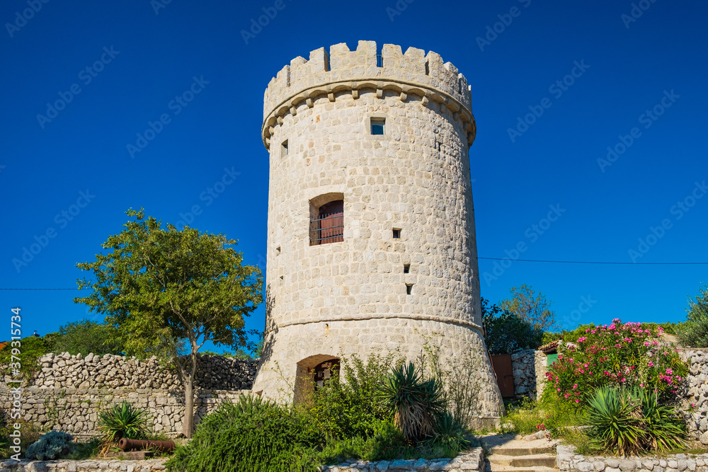 Old tower fortress in town of Cres, Kvarner, Croatia