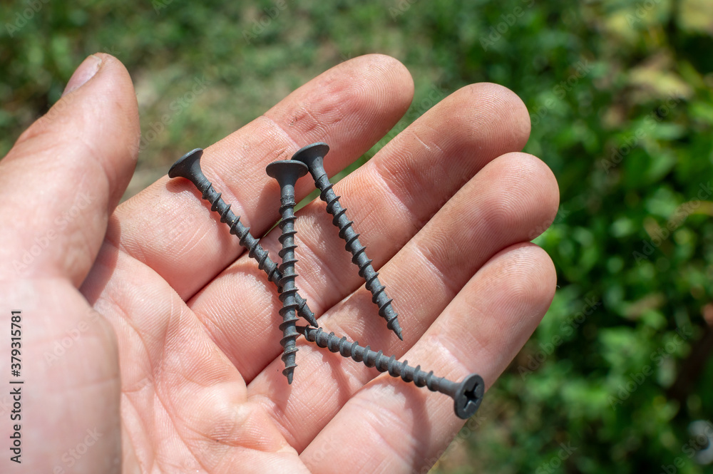 A handful of black self-tapping screws on a man's palm A handful of black self-tapping screws on a man's palm