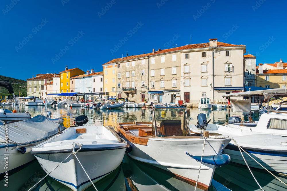 Fishing boats in old town of Cres, waterfront, Island of Cres, Kvarner, Adriatic sea in Croatia