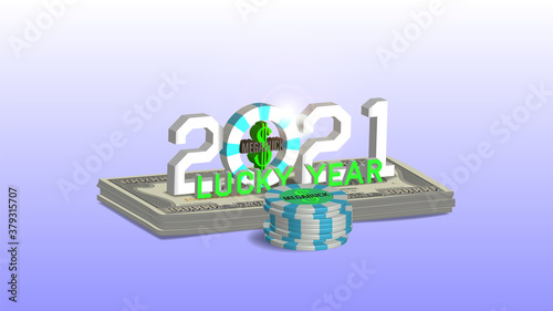 3d holiday poster with a bundle of 100000 dollars banknotes with a stack of casino chips and the inscription Lucky Year 2021. EPS10