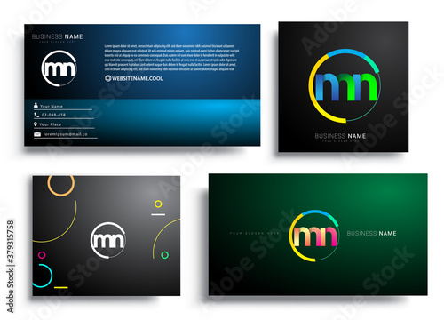 Letter MN logotype with colorful circle, letter combination logo design with ring, sets of business card for company identity, creative industry, web, isolated on white background.
