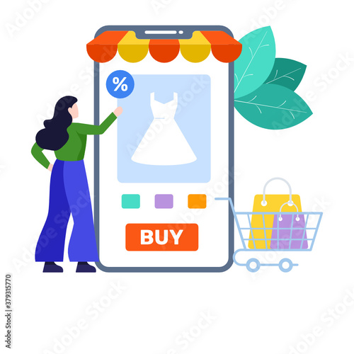 
Buy online illustration, flat design of mobile shopping 
