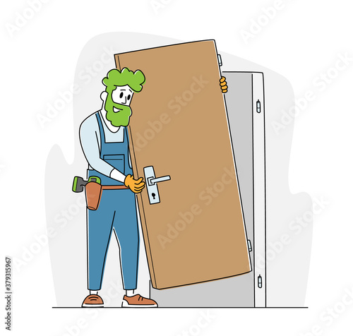 Home Repair Master Set Up New Door in Apartment. Construction Service. Engineer in Working Robe with Equipment Tools