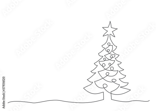 Christmas tree One line drawing on white background