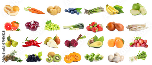 Fototapeta Naklejka Na Ścianę i Meble -  Assortment of organic fresh fruits and vegetables on white background. Banner design