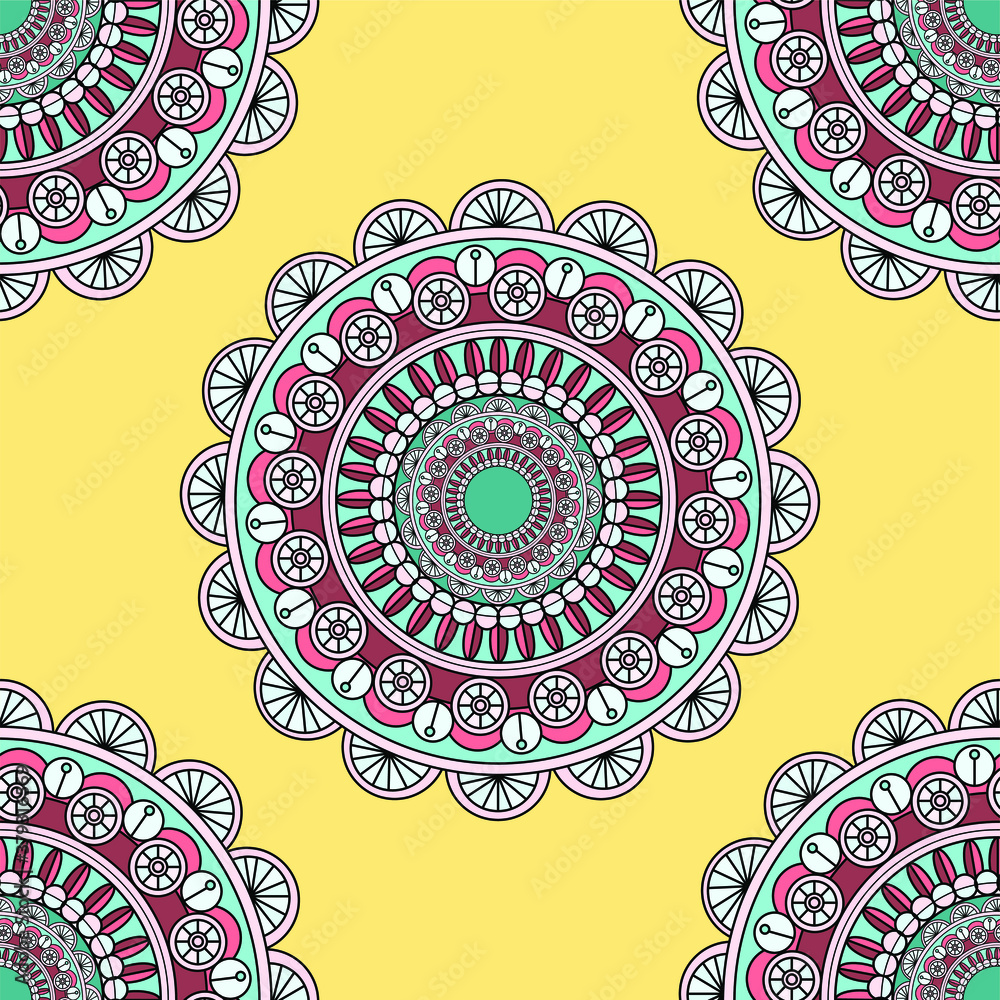 India inspired colorful mandala design seamless pattern template. Vector illustration on yellow background for games, background, pattern, decor. Print for fabrics and other surfaces.