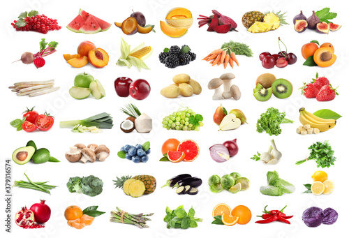 Assortment of organic fresh fruits and vegetables on white background
