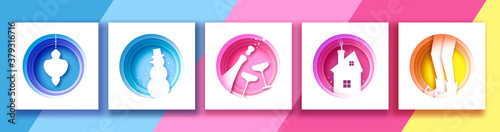 Merry Christmas paper cut banner. Xmas design of christmas snowman, bauble and garland, champagne drinks, house, elf. Happy New Year Greetings card. Winter time. Seasonal holidays