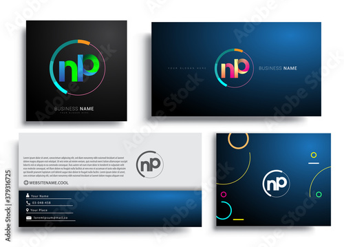 Letter NP logotype with colorful circle, letter combination logo design with ring, sets of business card for company identity, creative industry, web, isolated on white background.