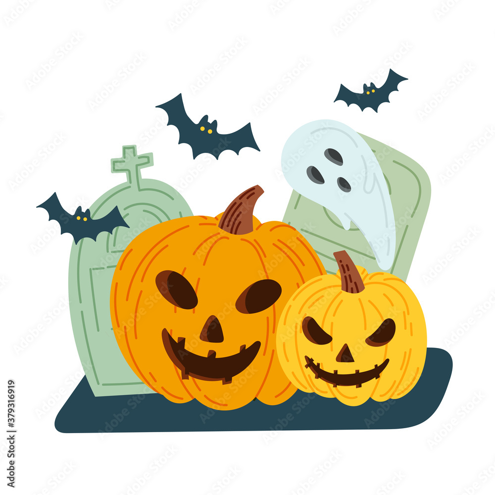 Fototapeta premium Halloween party invitation card for holidays. Pumpkin and bats, ghosts. Vector illustration.