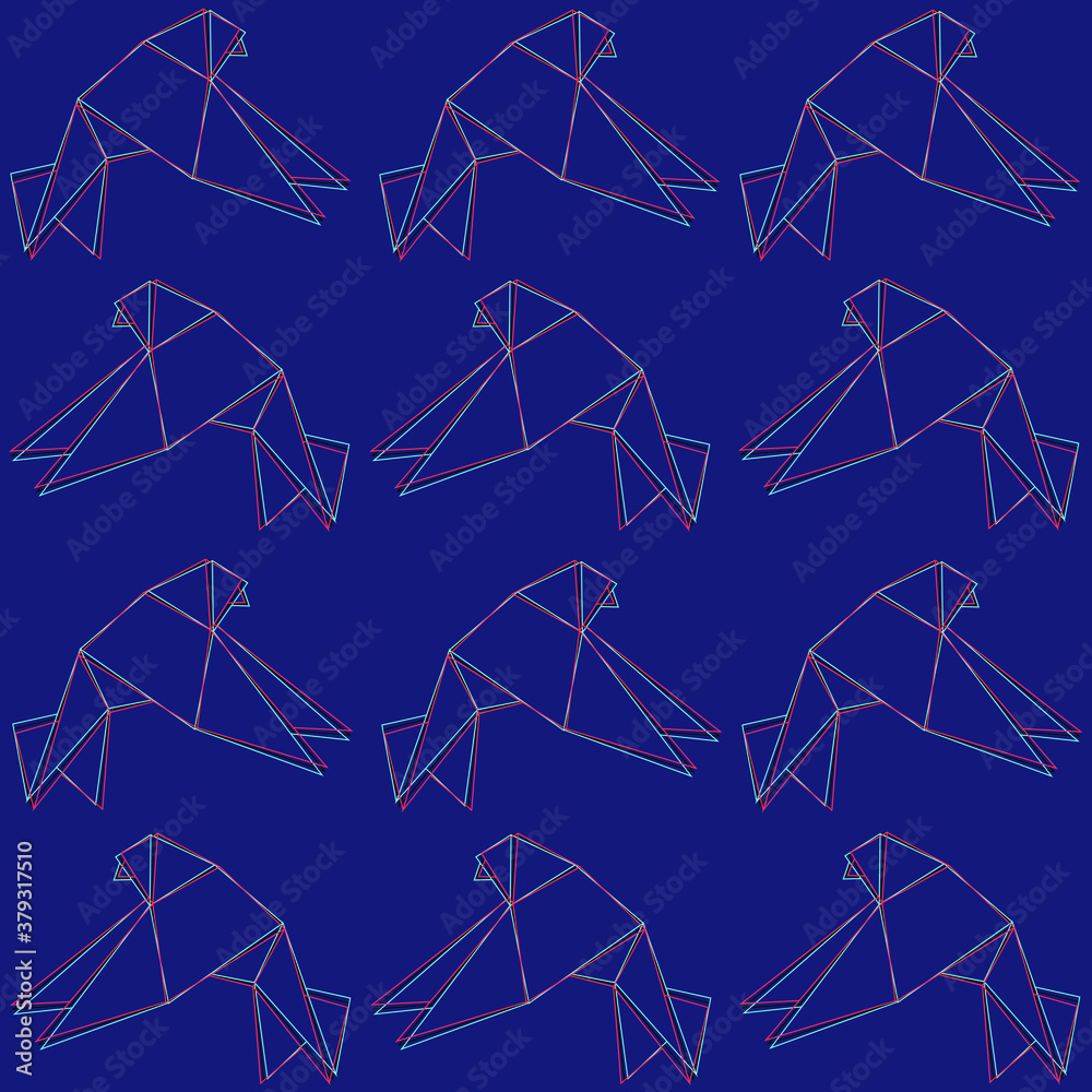 Cartoon origami paper birds template with stereo effect. Vector illustration on dark purple background for games, pattern, decor. Coloring paper, page, book. Print for fabrics and other surfaces.