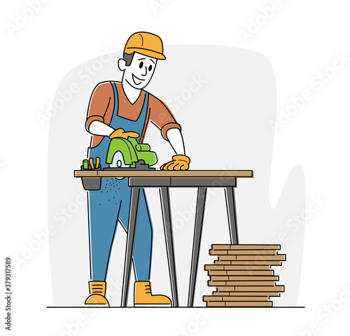 Carpenter with Circular Saw Working in Workshop. Worker Carpentry Woodwork. Joiner Man Sawing Planks on Wooden Table