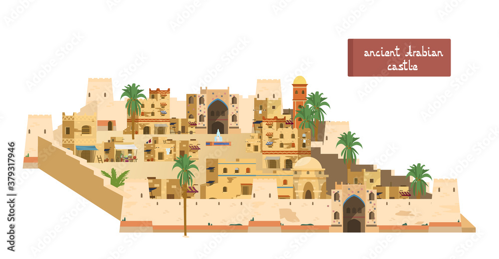 Φωτογραφία Vector Illustration Of Ancient Araban Castle With Towers, Gates, Mud Brick Houses, Market, Fountain, Palms