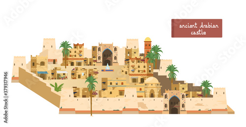 Vector Illustration Of Ancient Araban Castle With Towers, Gates, Mud Brick Houses, Market, Fountain, Palms. Isolated On White.