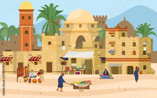 Vector illustration of Middle Eastern scene. Arabic Ancient City with traditional mud brick houses and people. Asian Bazaar With Carpets, Spices, Fruits And Vegetables. 