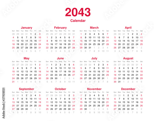 Calendar 2043 - 12 months yearly vector calendar - calendar planner template svg format