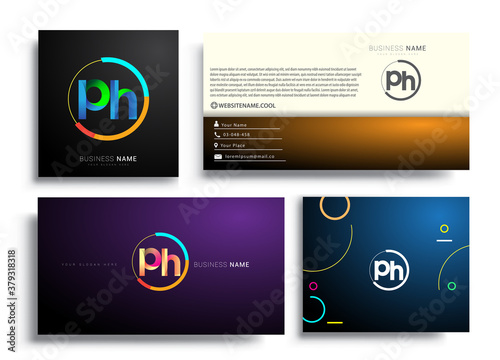Letter PH logotype with colorful circle, letter combination logo design with ring, sets of business card for company identity, creative industry, web, isolated on white background.