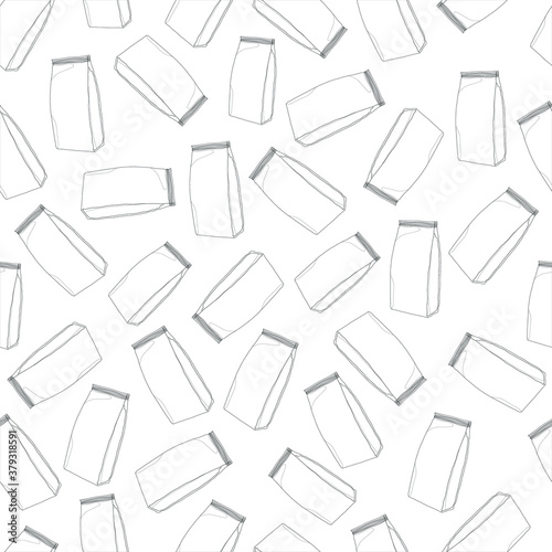 Cartoon milk bags or coffee packages seamless pattern template. Vector illustration in black and white for games, wallpaper, decor. Print for fabrics and other surfaces. Coloring paper, page, book