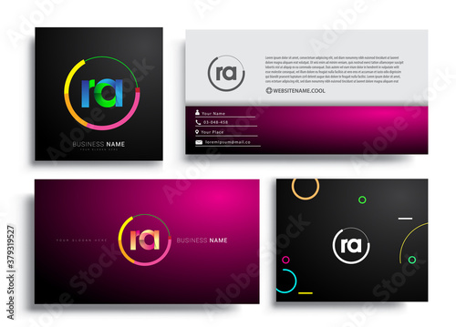 Letter RA logotype with colorful circle, letter combination logo design with ring, sets of business card for company identity, creative industry, web, isolated on white background.