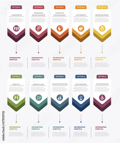 Infographic Business Management template. Icons in different colors. Include Leadership, Personal Development, Positive Psychology, Autonomy and others.