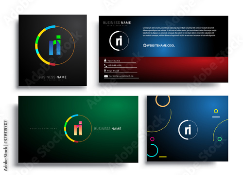 Letter RI logotype with colorful circle, letter combination logo design with ring, sets of business card for company identity, creative industry, web, isolated on white background.