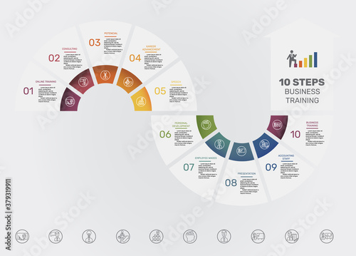 Infographic Business Training template. Icons in different colors. Include Online Training, Consulting, Potencial, Career Advancement and others.