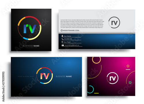 Letter RV logotype with colorful circle, letter combination logo design with ring, sets of business card for company identity, creative industry, web, isolated on white background.