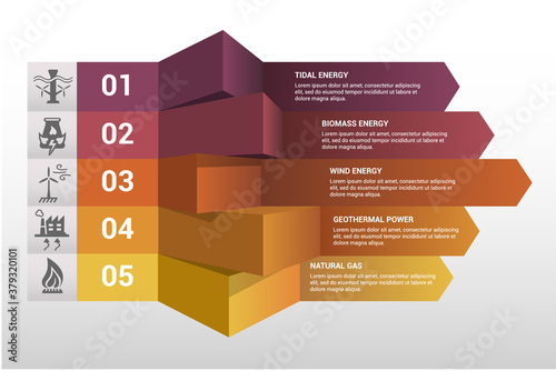 Infographic Alternative Energy template. Icons in different colors. Include Tidal Energy, Biomass Energy, Wind Energy, Geothermal Power and others.