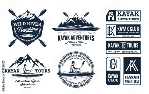 Set of vector kayaking logo, badges and design elements. Water sport, recreation, kayaking, canoeing, rafting design concept