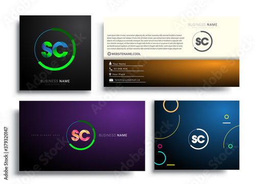 Letter SC logotype with colorful circle, letter combination logo design with ring, sets of business card for company identity, creative industry, web, isolated on white background.