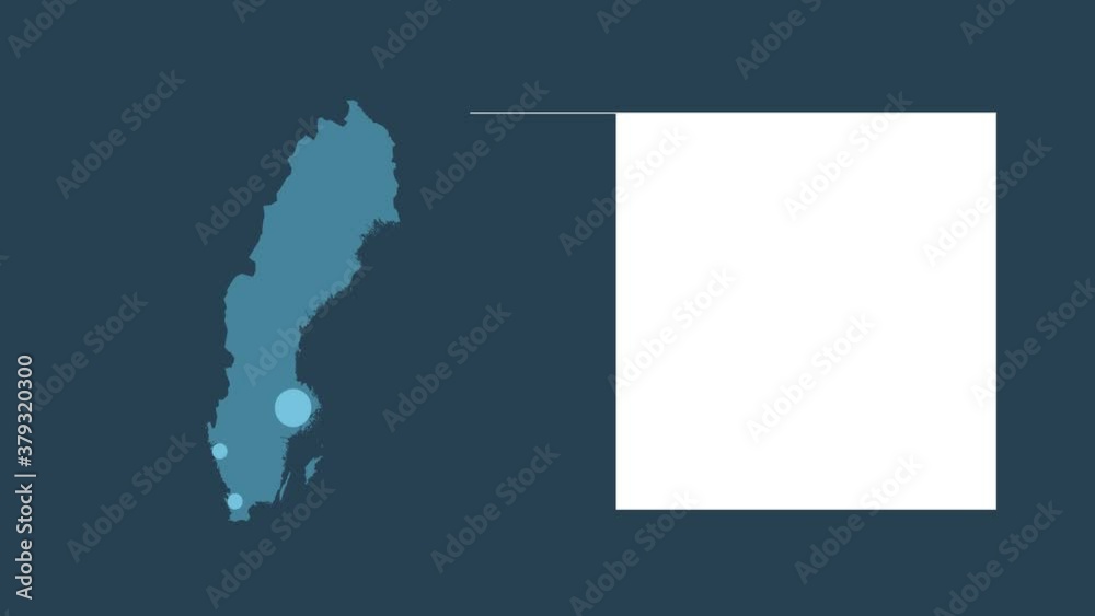 Sweden map animation with map of Europe, cities and text placeholder.