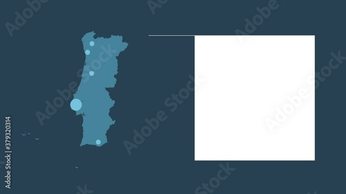 Portugal map animation with map of Europe, cities and text placeholder.