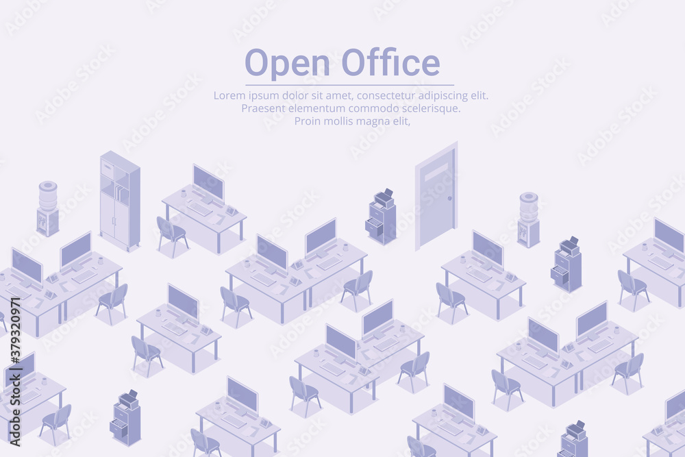 Empty workplaces with computers in Open Office Isometric Flat white monochrome vector concept.