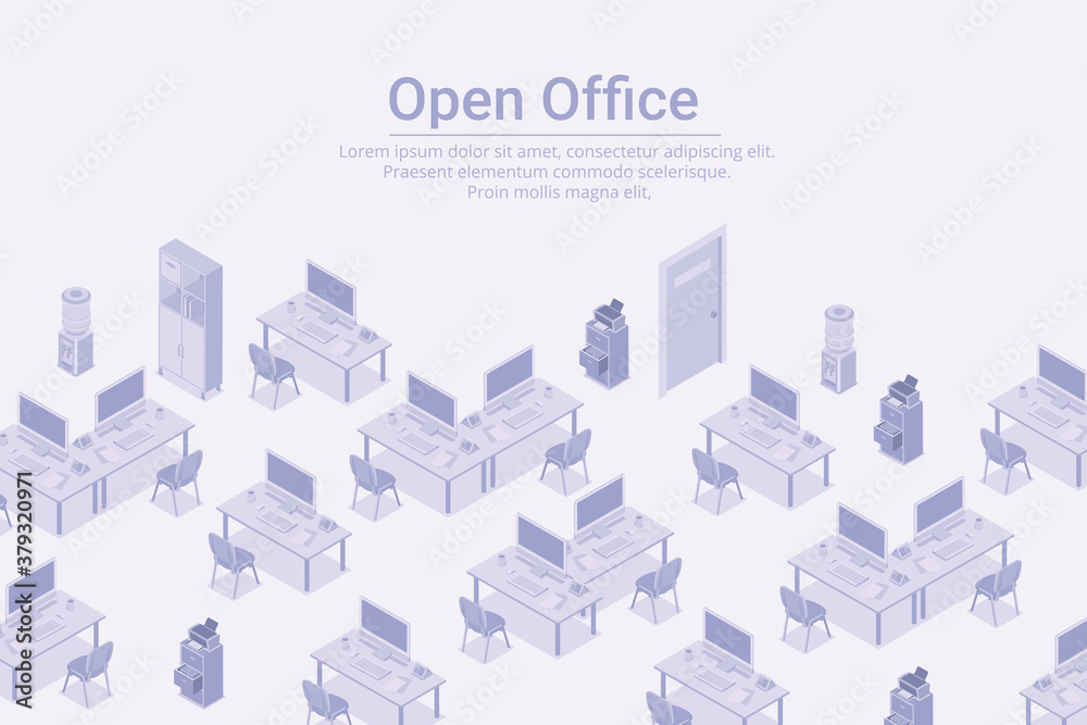 Empty workplaces with computers in Open Office Isometric Flat white monochrome vector concept. Empty workplaces with computers in Open Office Isometric Flat white monochrome vector concept.