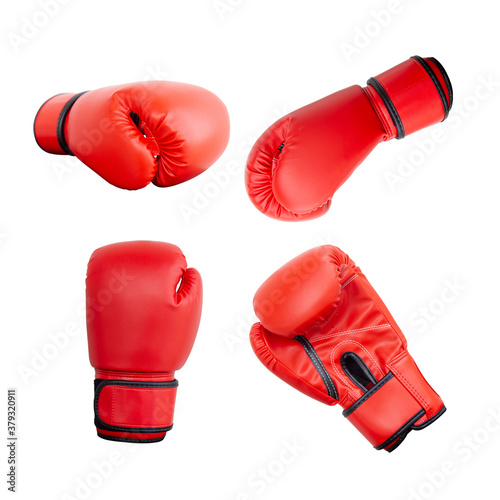 Set red boxing gloves from different angles on a white background.