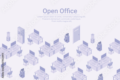 Empty workplaces with computers in Open Office Isometric Flat white monochrome vector concept. © Sentavio