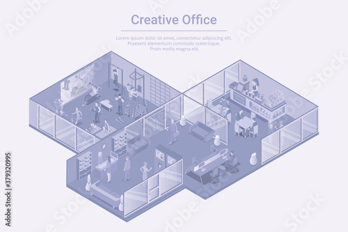 Creative Office with cafe bar and GYM Isometric Flat white monochrome vector concept.