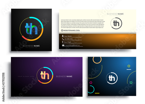 Letter TH logotype with colorful circle, letter combination logo design with ring, sets of business card for company identity, creative industry, web, isolated on white background.