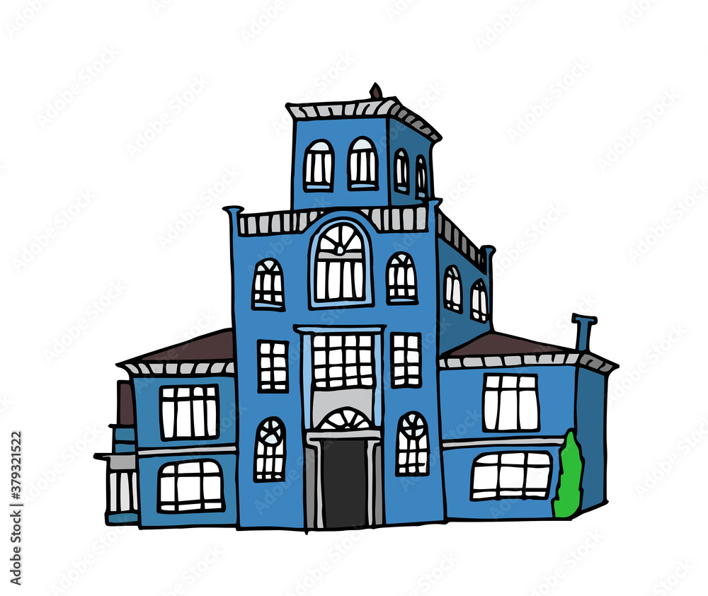 Old mansion, big house, luxurious palace. Old architecture in Asturias, Spain. Hand drawn style vector illustration.
